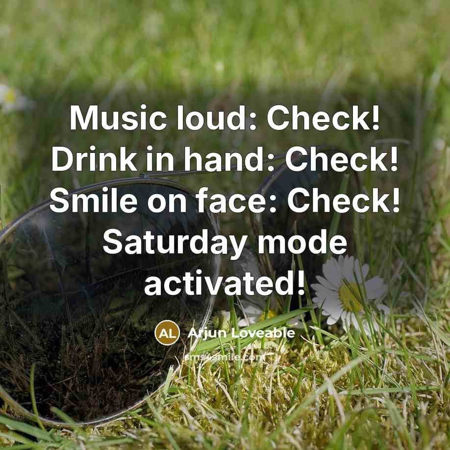 “Music loud: Check! Drink in hand: Check! Smile on face: Check! Saturday mode activated!” quote by Arjun Loveable