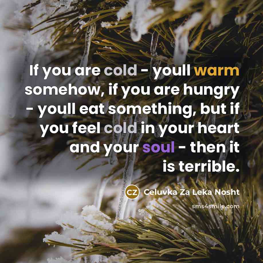 “If you are cold - youll warm somehow, if you are hungry - youll eat something, but if you feel cold in your heart and your soul - then it is terrible.” quote by Celuvka Za Leka Nosht