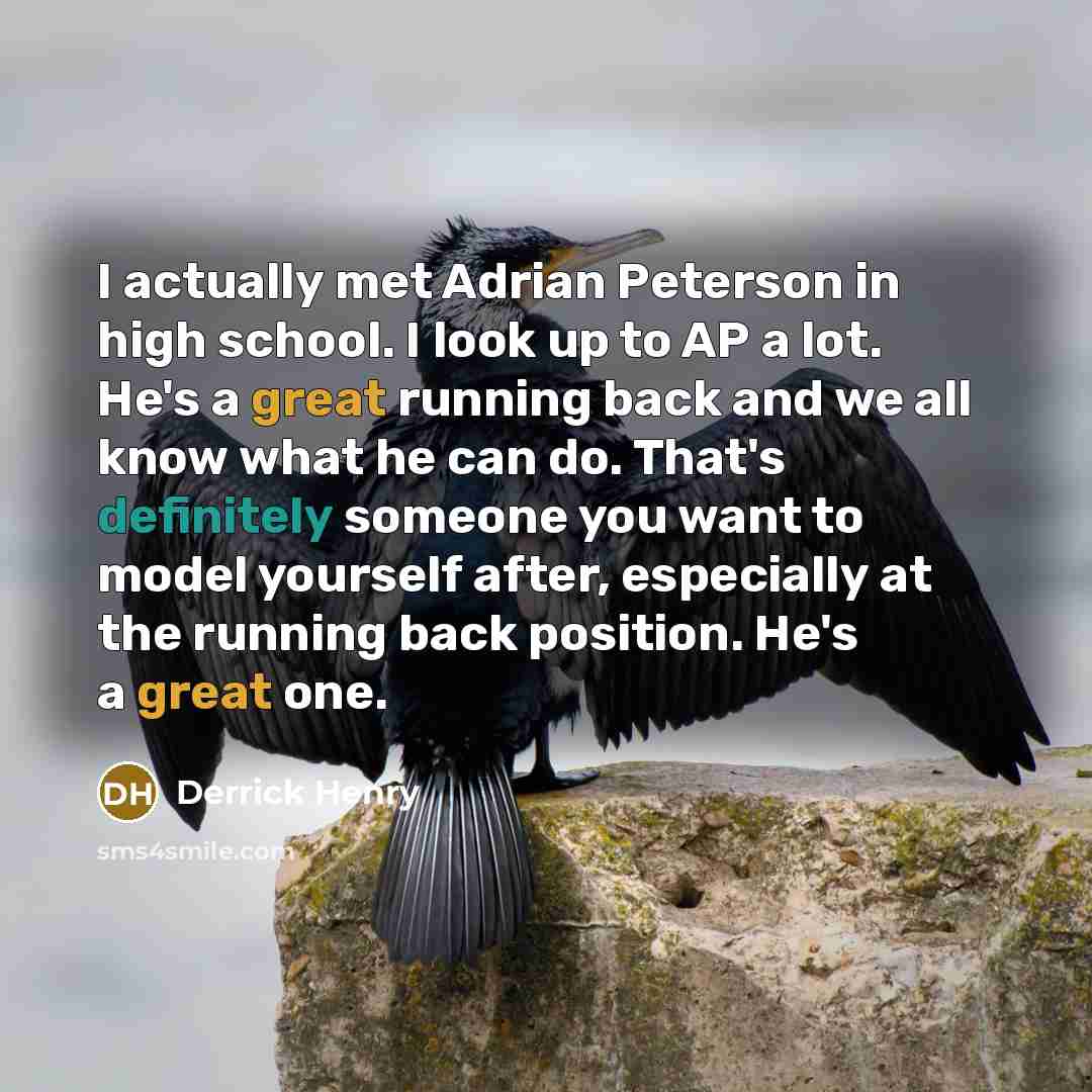 “I actually met Adrian Peterson in high school. I look up to AP a lot. He's a great running back and we all know what he can do. That's definitely someone you want to model yourself after, especially at the running back position. He's a great one.” quote by Derrick Henry