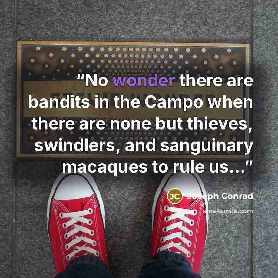 “No wonder there are bandits in the Campo when there are none but thieves, swindlers, and sanguinary macaques to rule us...” quote by Joseph Conrad