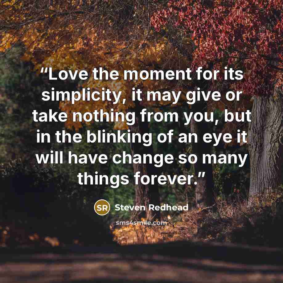 “Love the moment for its simplicity, it may give or take nothing from you, but in the blinking of an eye it will have change so many things forever.” quote by Steven Redhead