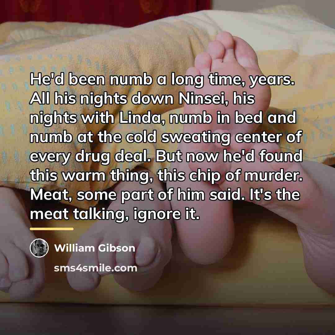 “He'd been numb a long time, years. All his nights…” quote by William Gibson
