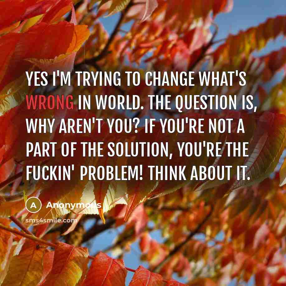 “Yes I'm trying to change what's wrong in world. The question is, why aren't you? If you're not a part of the solution, you're the fuckin' problem! Think about it.” quote by Anonymous