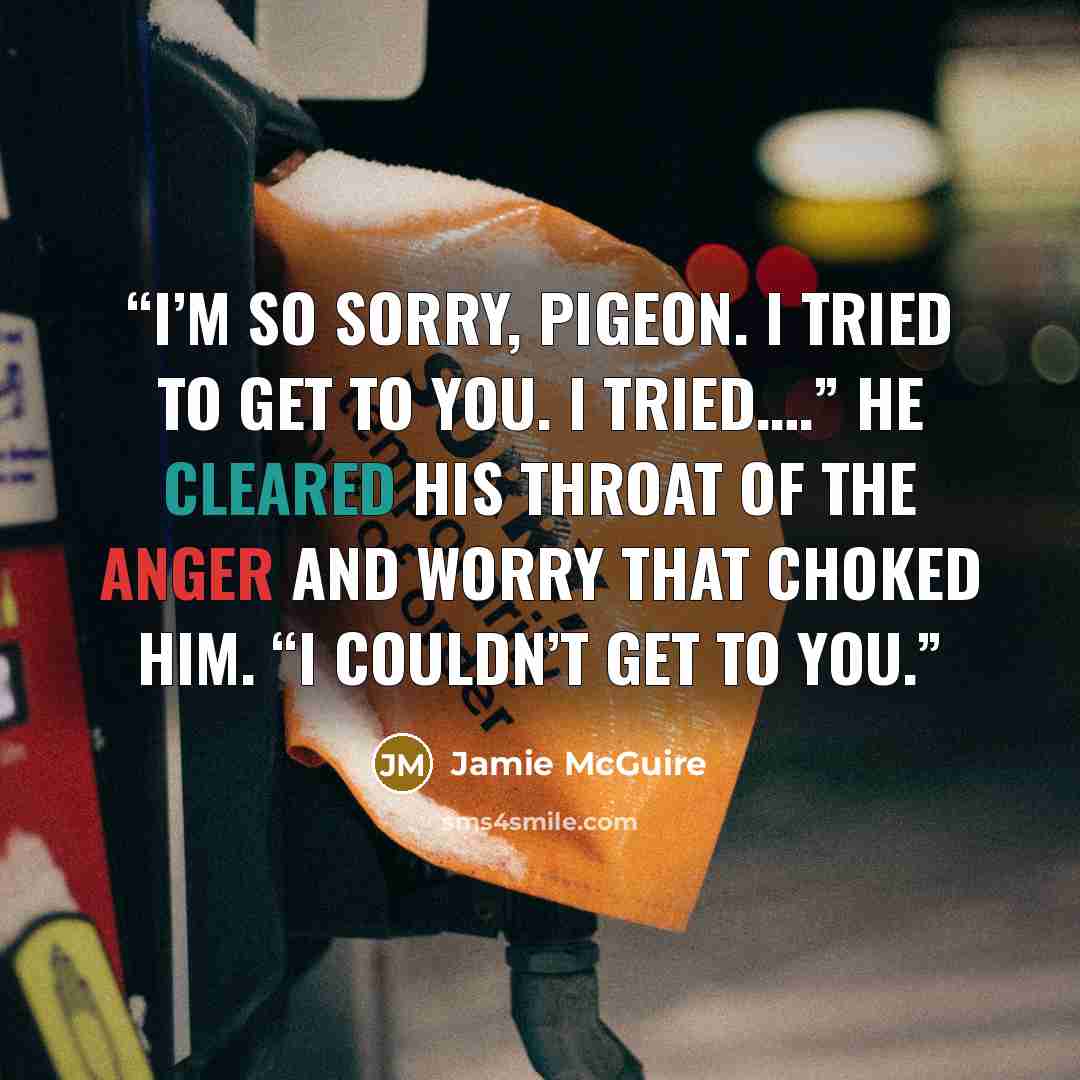 “I’m so sorry, Pigeon. I tried to get to you. I tried….” He cleared his throat of the anger and worry that choked him. “I couldn’t get to you.” quote by Jamie McGuire