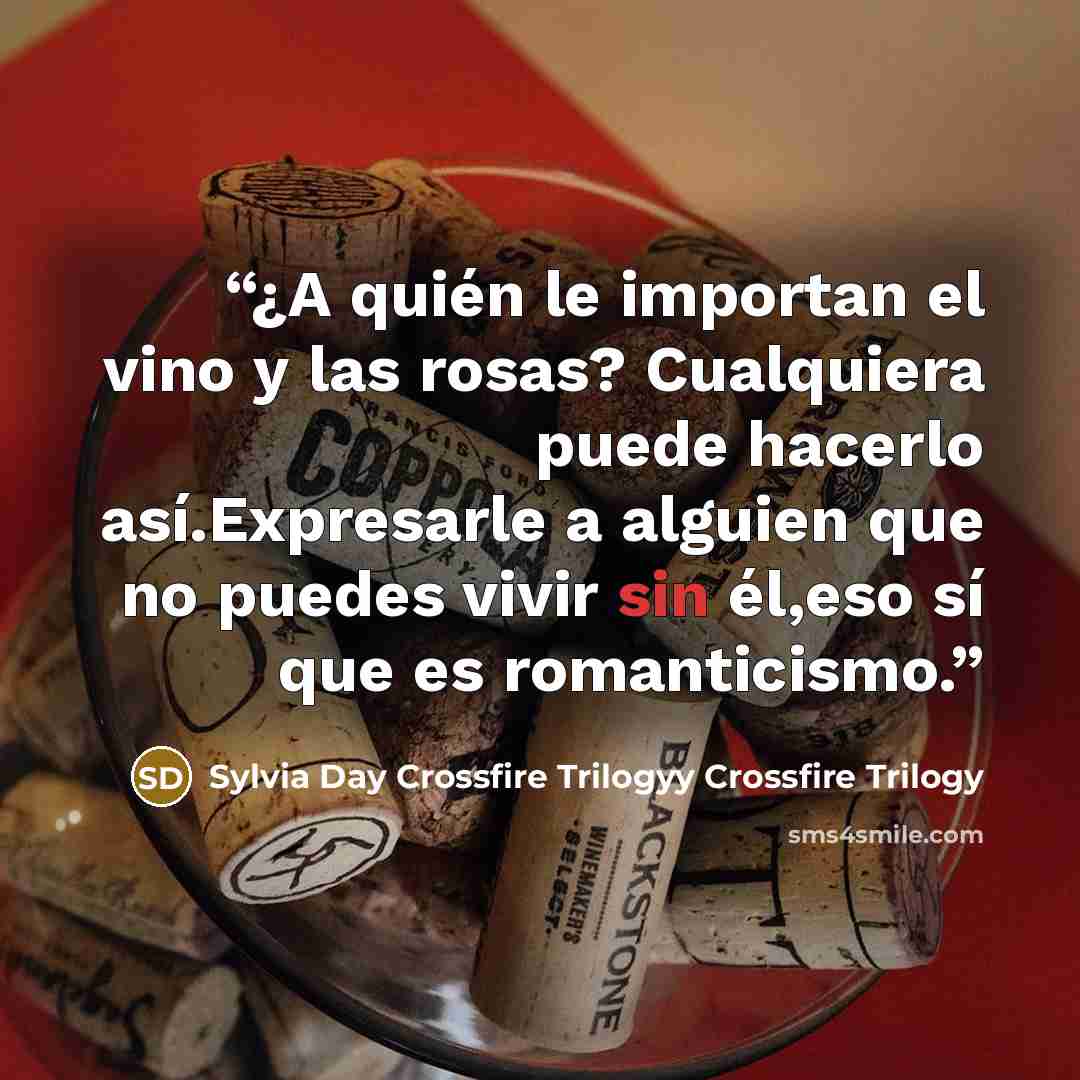 “¿A quién le importan el vino y las rosas? Cualquiera puede hacerlo así.Expresarle a alguien que no puedes vivir sin él,eso sí que es romanticismo.” quote by Sylvia Day Crossfire Trilogyy Crossfire Trilogy