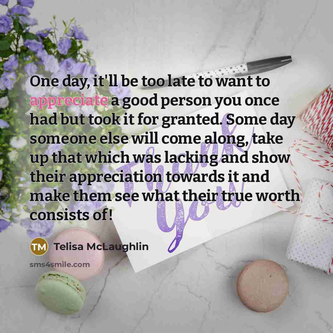 “One day, it'll be too late to want to appreciate…” quote by Telisa McLaughlin
