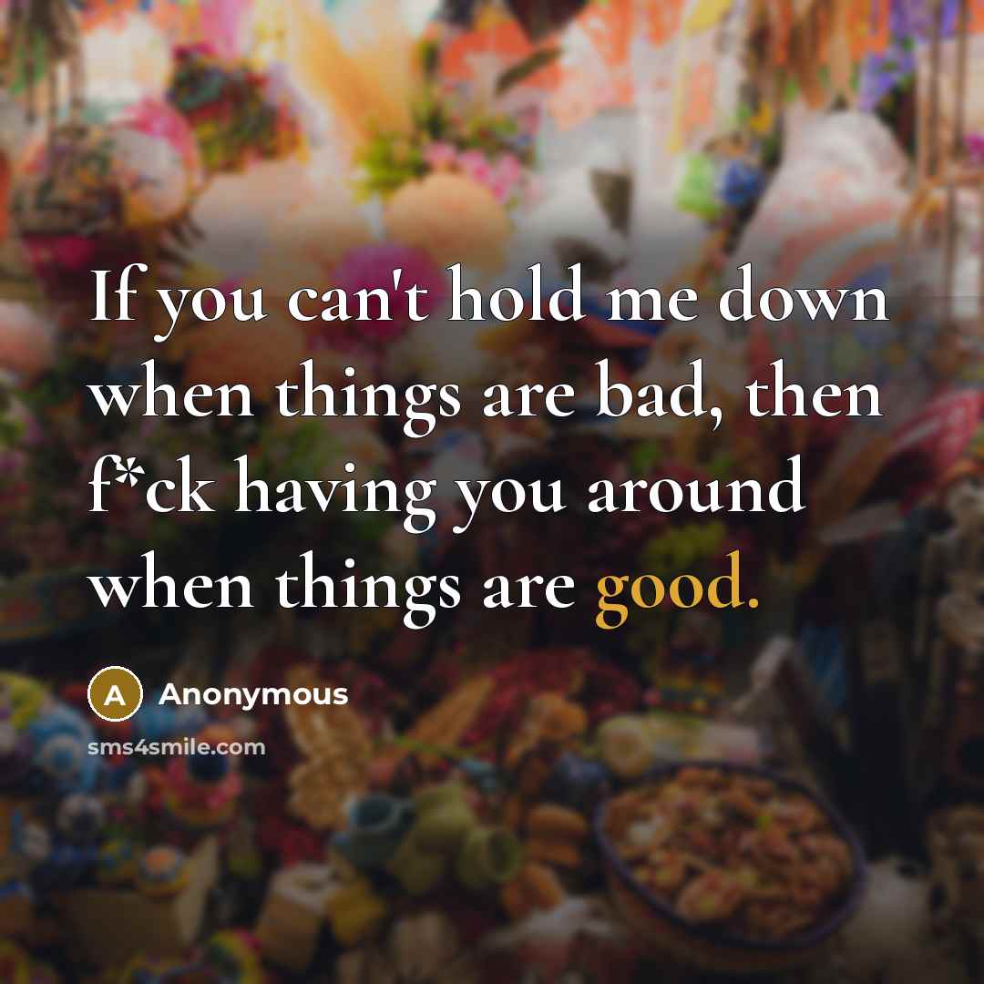 “If you can't hold me down when things are bad, then f*ck having you around when things are good.” quote by Anonymous