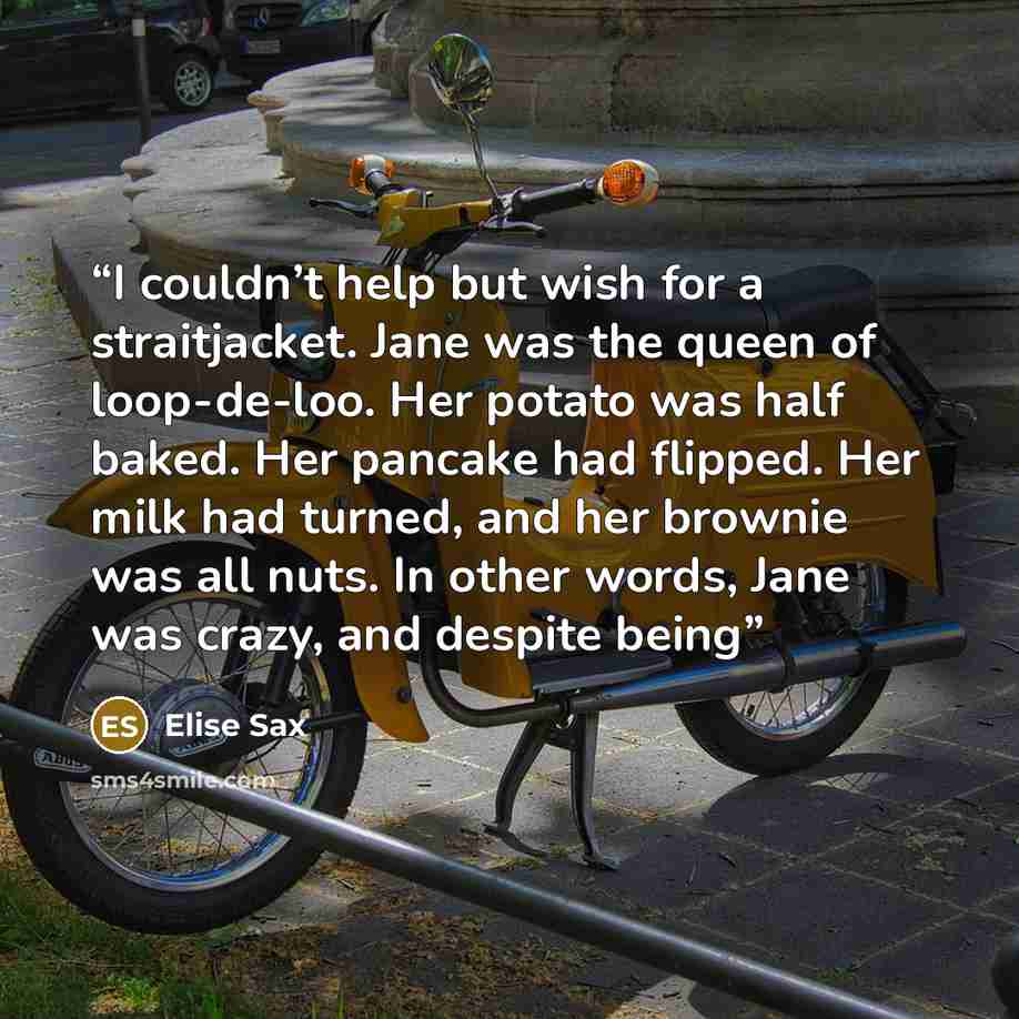 “I couldn’t help but wish for a straitjacket. Jane was the queen of loop-de-loo. Her potato was half baked. Her pancake had flipped. Her milk had turned, and her brownie was all nuts. In other words, Jane was crazy, and despite being” quote by Elise Sax