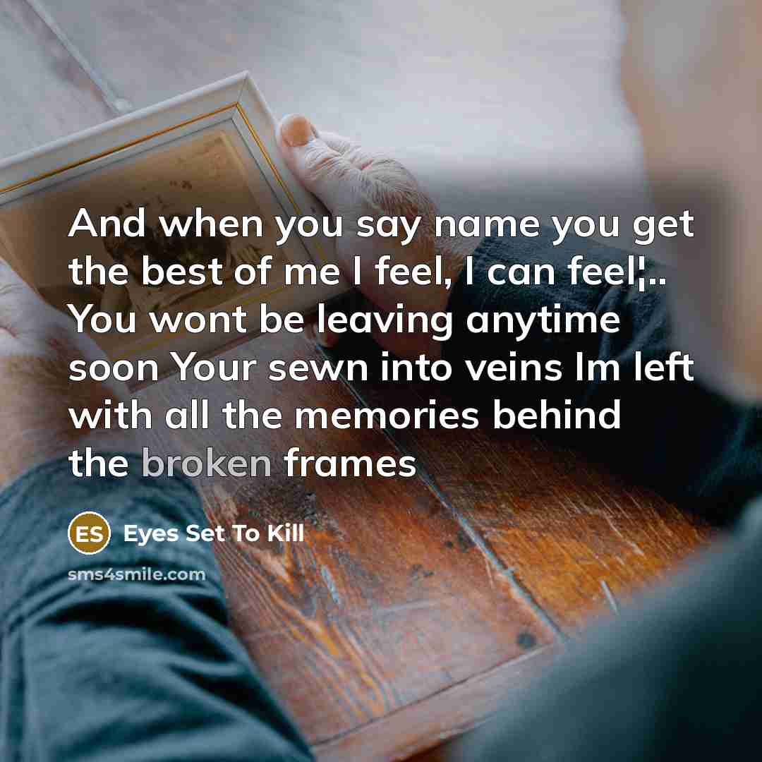 “And when you say name you get the best of me I feel, I can feel¦.. You wont be leaving anytime soon Your sewn into veins Im left with all the memories behind the broken frames” quote by Eyes Set To Kill