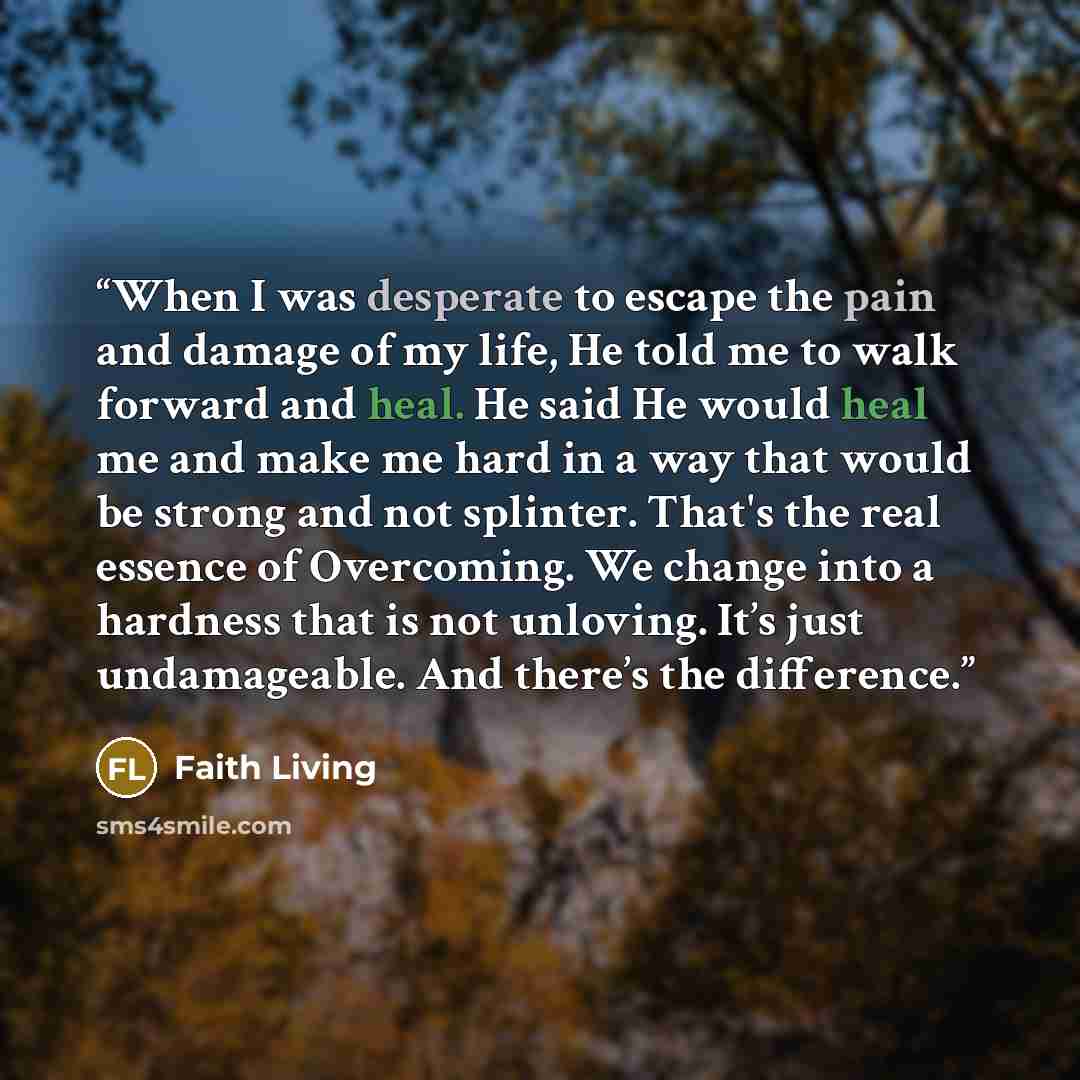 “When I was desperate to escape the pain and damage of my life, He told me to walk forward and heal. He said He would heal me and make me hard in a way that would be strong and not splinter. That's the real essence of Overcoming. We change into a hardness that is not unloving. It’s just…” quote by Faith Living