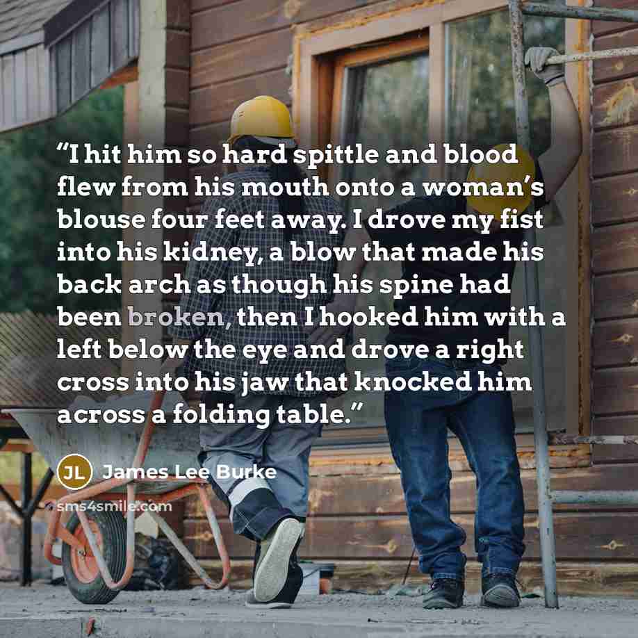 “I hit him so hard spittle and blood flew from his mouth onto a woman’s blouse four feet away. I drove my fist into his kidney, a blow that made his back arch as though his spine had been broken, then I hooked him with a left below the eye and drove a right cross into his jaw that knocked him…” quote by James Lee Burke