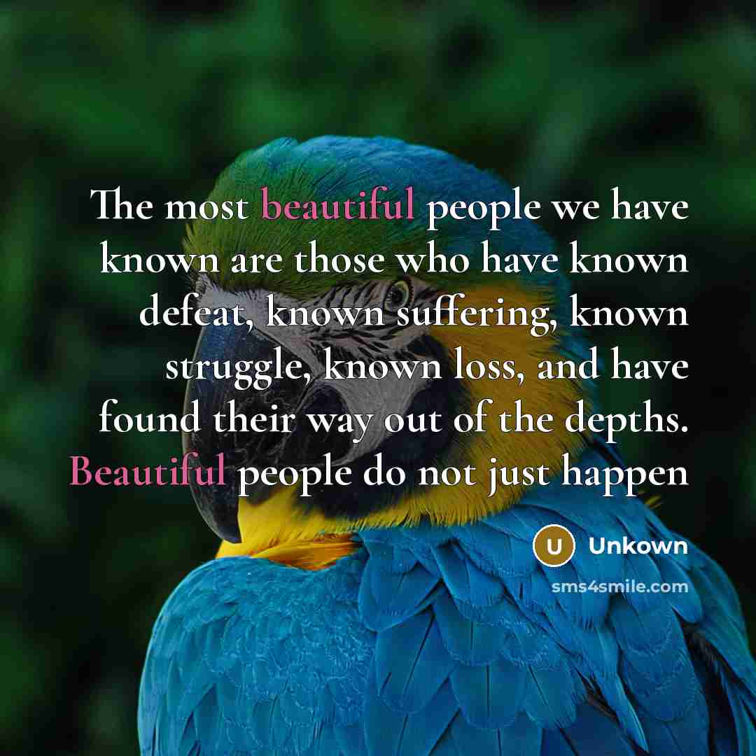 “The most beautiful people we have known are those who have known defeat, known suffering, known struggle, known loss, and have found their way out of the depths. Beautiful people do not just happen” quote by Unkown