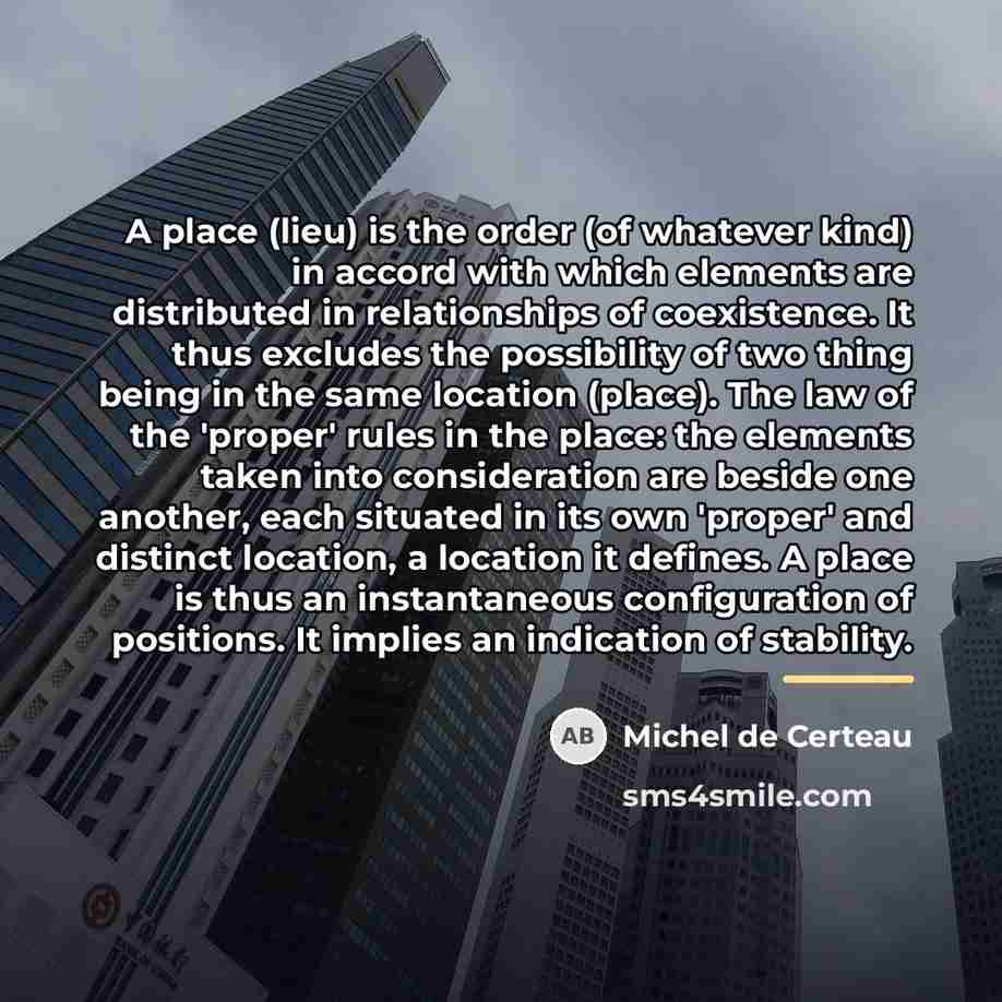 “A place (lieu) is the order (of whatever kind) in…” quote by Michel de Certeau
