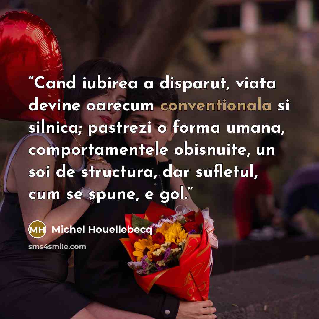 “Cand iubirea a disparut, viata devine oarecum conventionala si silnica; pastrezi o forma umana, comportamentele obisnuite, un soi de structura, dar sufletul, cum se spune, e gol.” quote by Michel Houellebecq