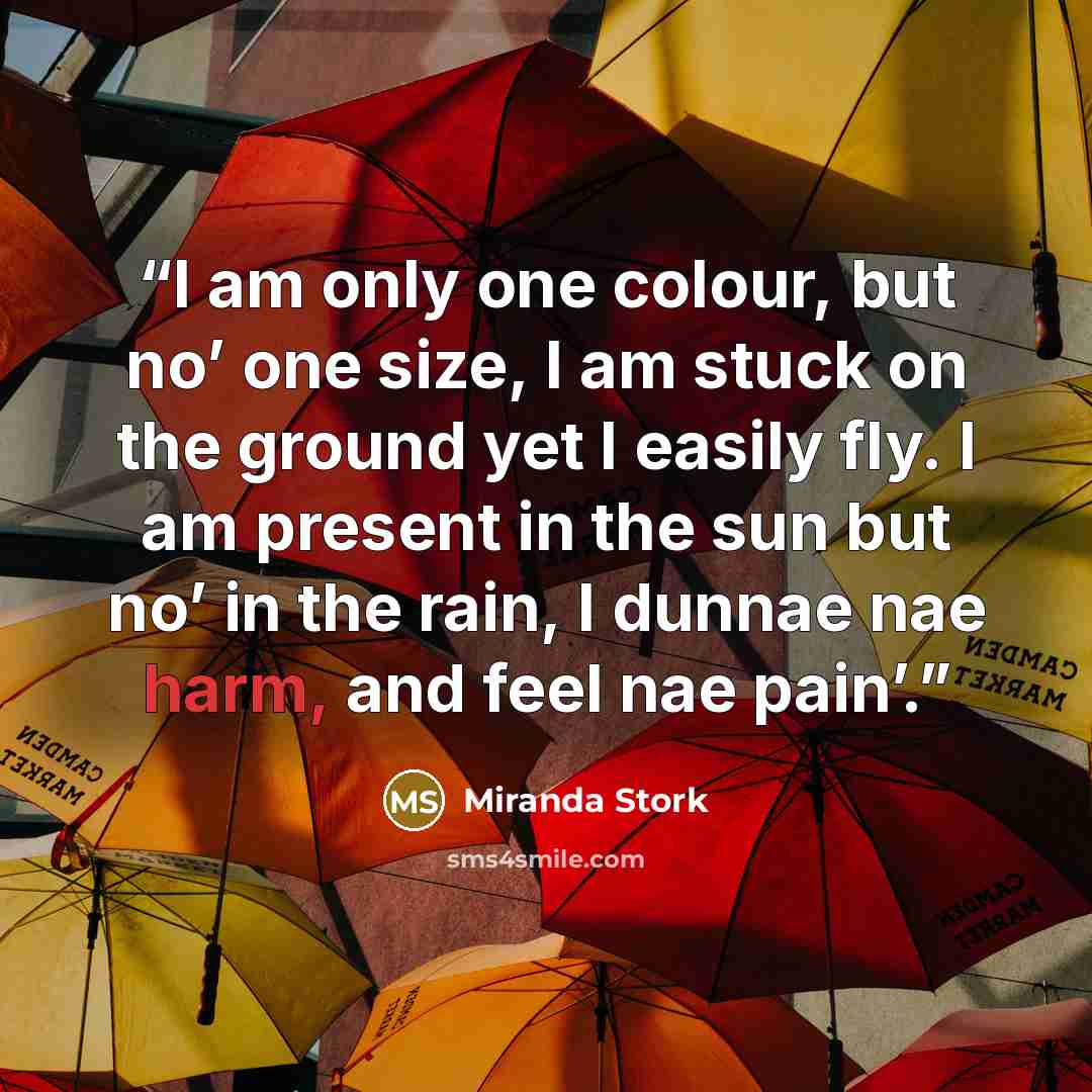 “I am only one colour, but no’ one size, I am stuck on the ground yet I easily fly. I am present in the sun but no’ in the rain, I dunnae nae harm, and feel nae pain’.” quote by Miranda Stork