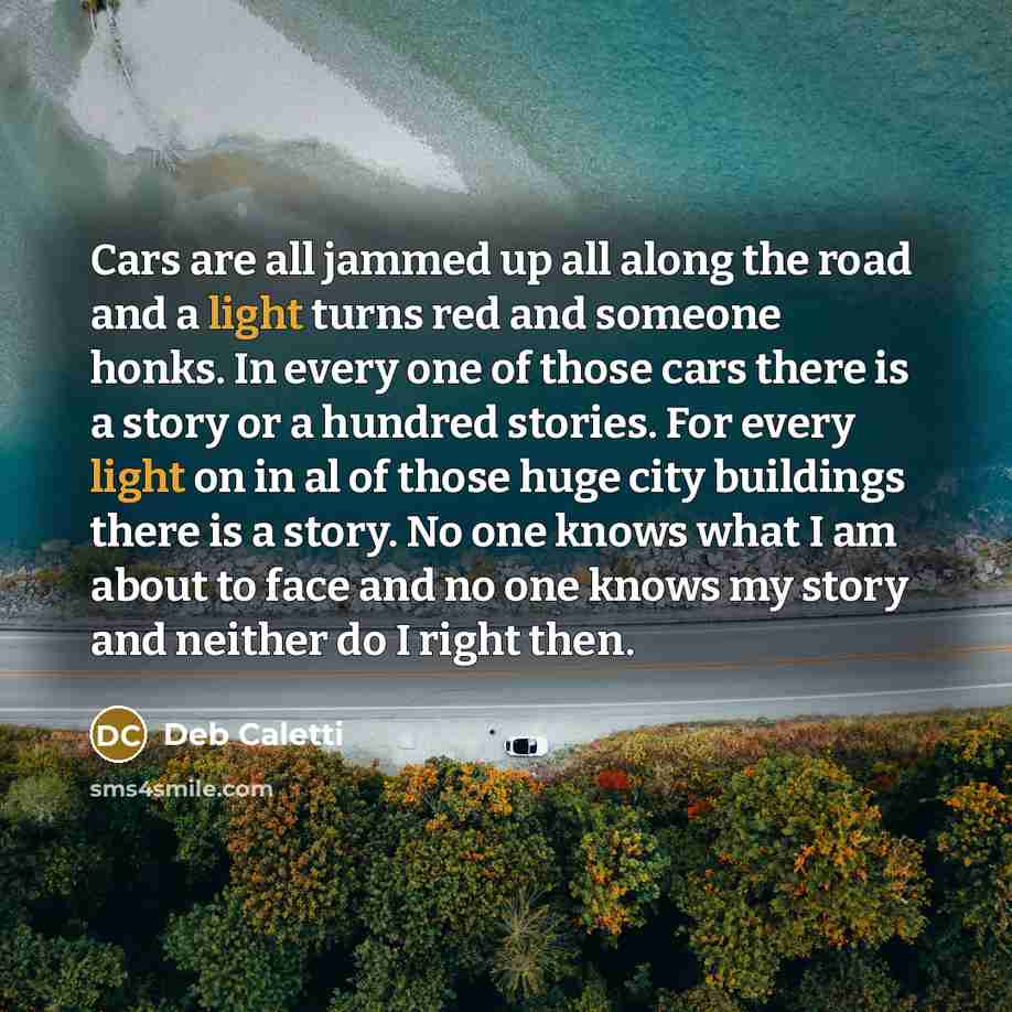 “Cars are all jammed up all along the road and…” quote by Deb Caletti