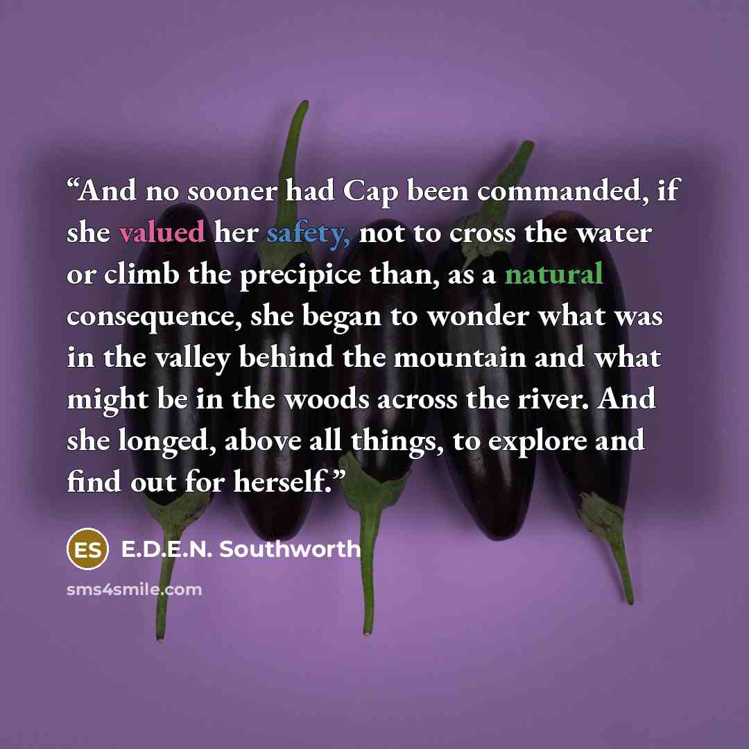 “And no sooner had Cap been commanded, if she valued her safety, not to cross the water or climb the precipice than, as a natural consequence, she began to wonder what was in the valley behind the mountain and what might be in the woods across the river. And she longed, above all things, to explore…” quote by E.D.E.N. Southworth