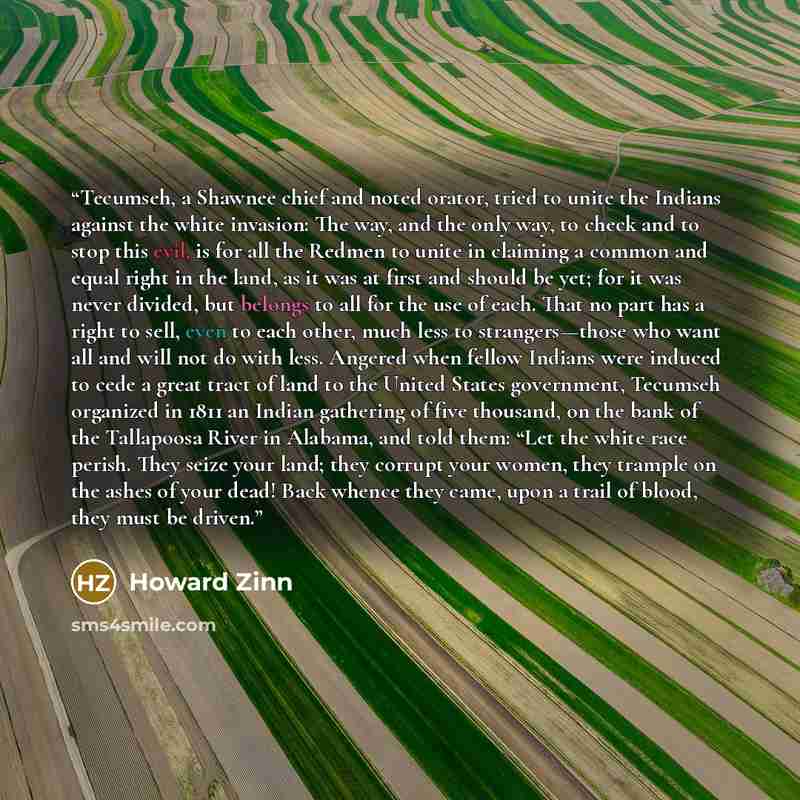“Tecumseh, a Shawnee chief and noted orator, tried to unite the Indians against the white invasion: The way, and the only way, to check and to stop this evil, is for all the Redmen to unite in claiming a common and equal right in the land, as it was at first and should be yet; for it was never…” quote by Howard Zinn