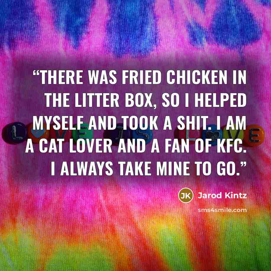 “There was fried chicken in the litter box, so I helped myself and took a shit. I am a cat lover and a fan of KFC. I always take mine to go.” quote by Jarod Kintz