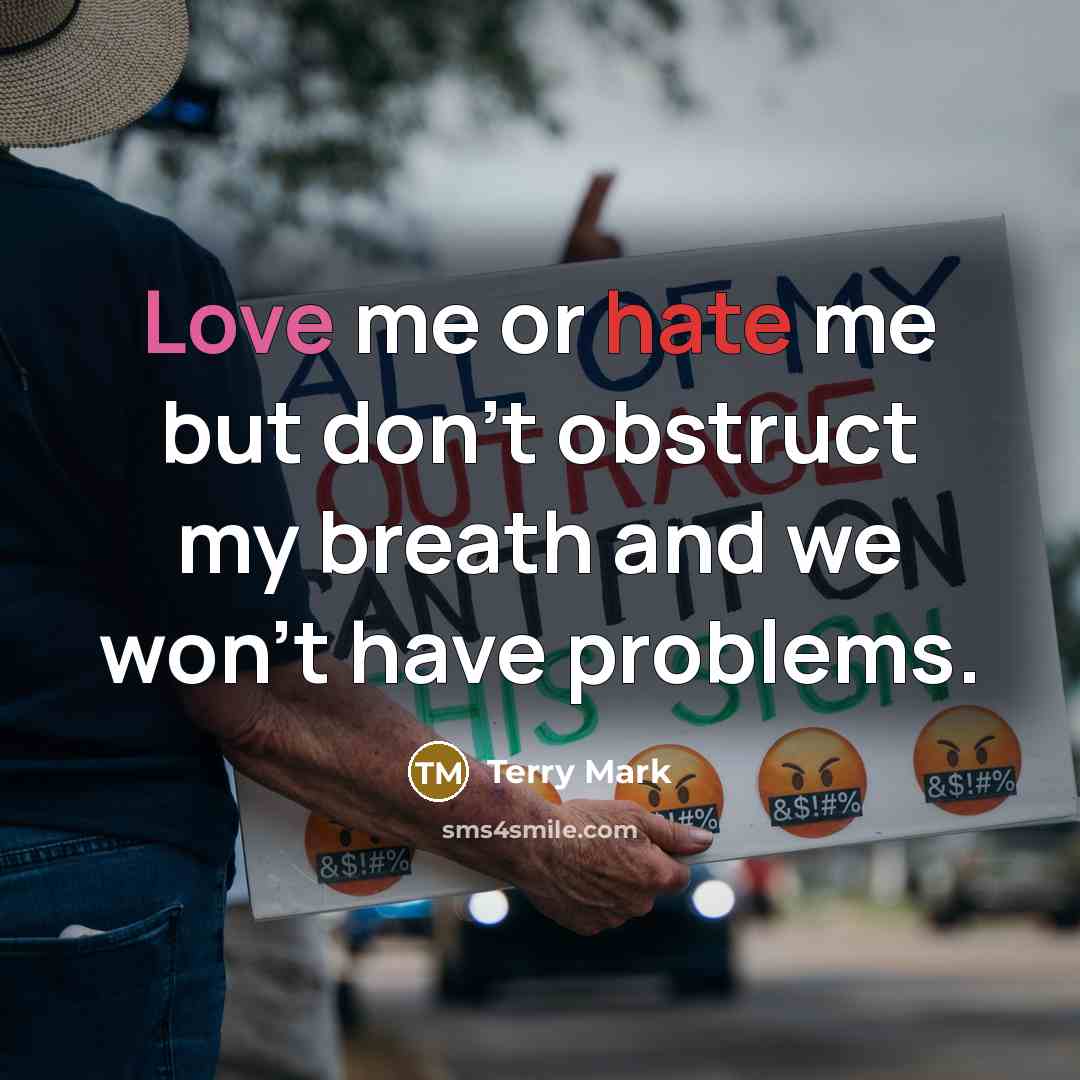 “Love me or hate me but don't obstruct my breath and we won't have problems.” quote by Terry Mark