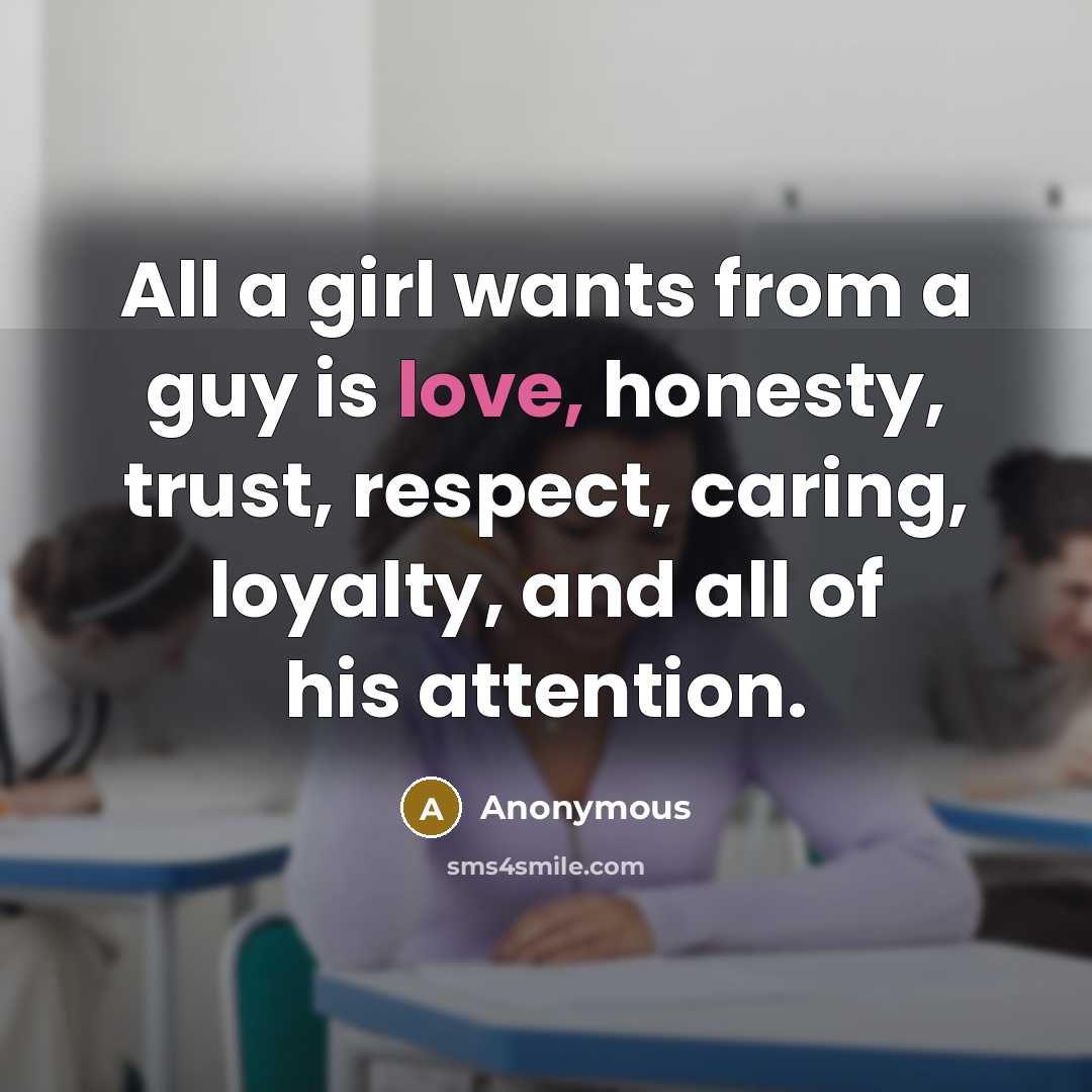 “All a girl wants from a guy is love, honesty,…” quote by Anonymous