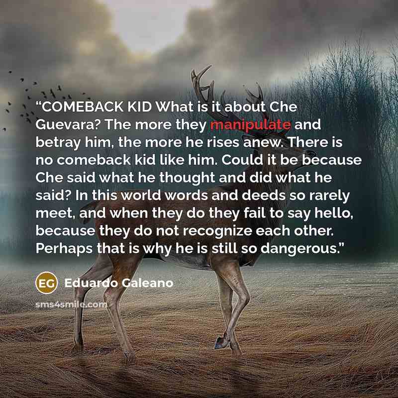 “COMEBACK KID What is it about Che Guevara? The more they manipulate and betray him, the more he rises anew. There is no comeback kid like him. Could it be because Che said what he thought and did what he said? In this world words and deeds so rarely meet, and when they do they fail to say hello…” quote by Eduardo Galeano