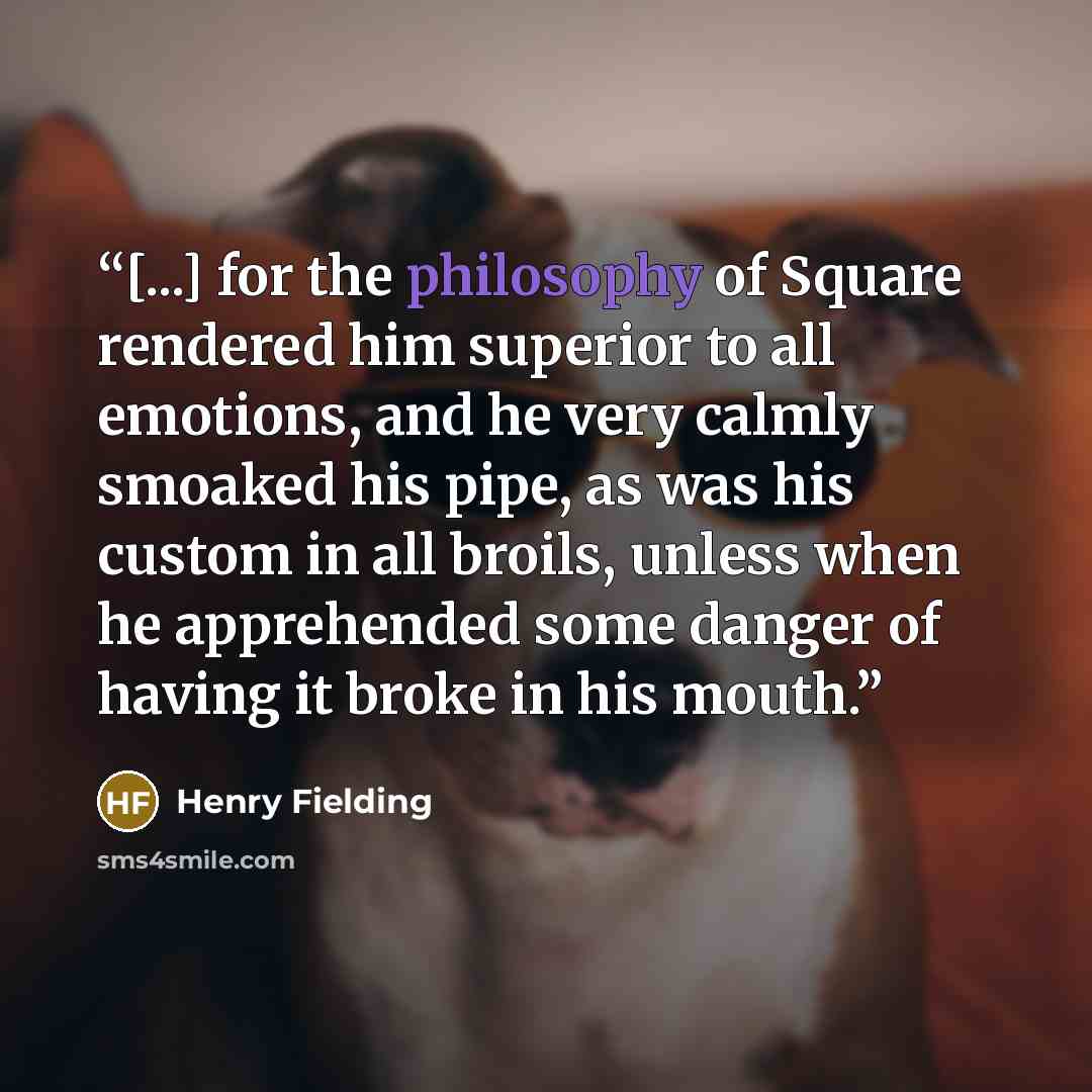 “[...] for the philosophy of Square rendered him superior to all emotions, and he very calmly smoaked his pipe, as was his custom in all broils, unless when he apprehended some danger of having it broke in his mouth.” quote by Henry Fielding
