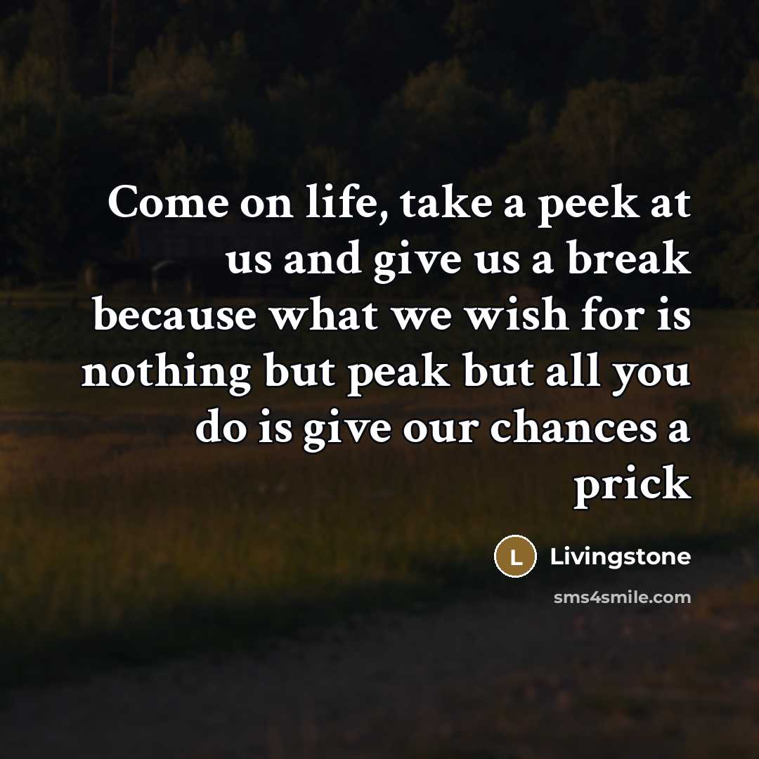 “Come on life, take a peek at us and give us a break because what we wish for is nothing but peak but all you do is give our chances a prick” quote by Livingstone