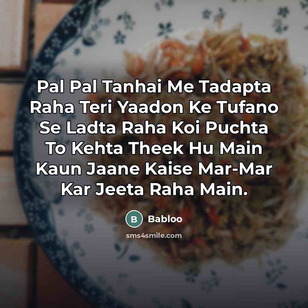 “Pal Pal Tanhai Me Tadapta Raha Teri Yaadon Ke Tufano Se Ladta Raha Koi Puchta To Kehta Theek Hu Main Kaun Jaane Kaise Mar-Mar Kar Jeeta Raha Main.” quote by Babloo