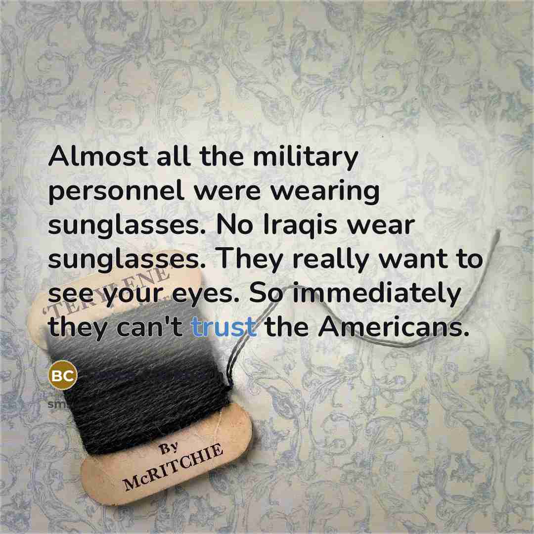 “Almost all the military personnel were wearing sunglasses. No Iraqis…” quote by Bruce Cockburn