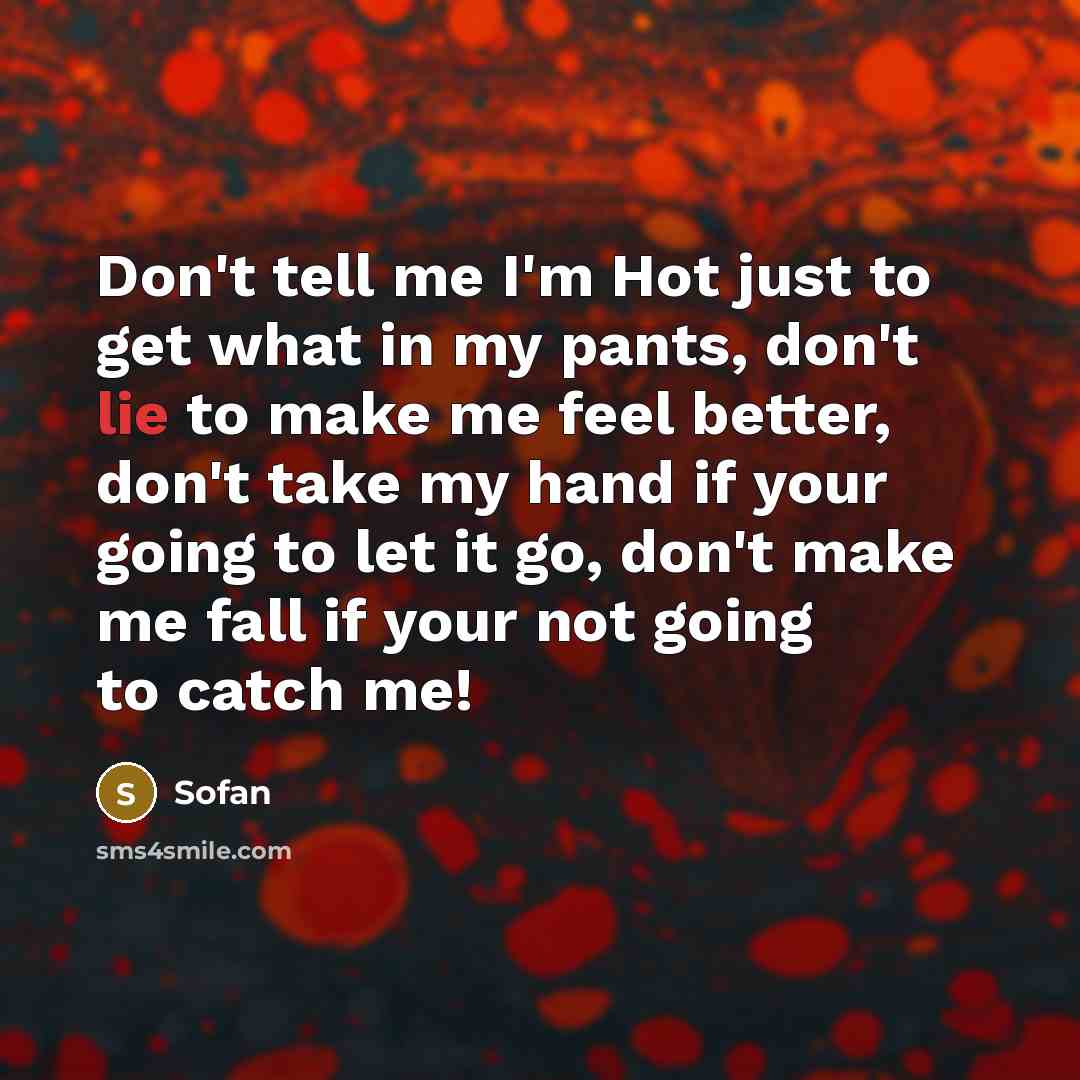 “Don't tell me I'm Hot just to get what in my pants, don't lie to make me feel better, don't take my hand if your going to let it go, don't make me fall if your not going to catch me!” quote by Sofan