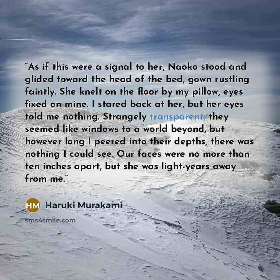 “As if this were a signal to her, Naoko stood and glided toward the head of the bed, gown rustling faintly. She knelt on the floor by my pillow, eyes fixed on mine. I stared back at her, but her eyes told me nothing. Strangely transparent, they seemed like windows to a world beyond, but however…” quote by Haruki Murakami