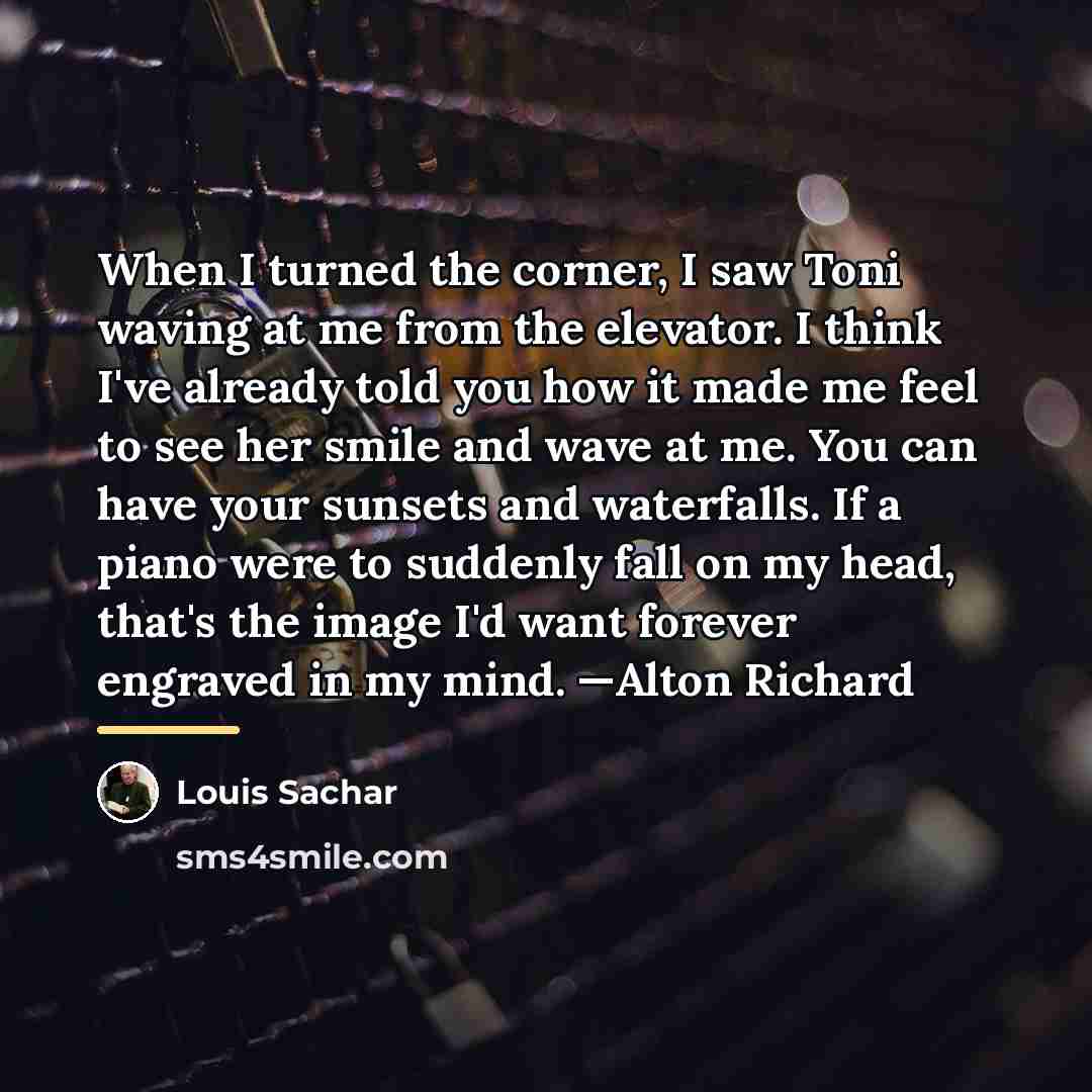 “When I turned the corner, I saw Toni waving at…” quote by Louis Sachar