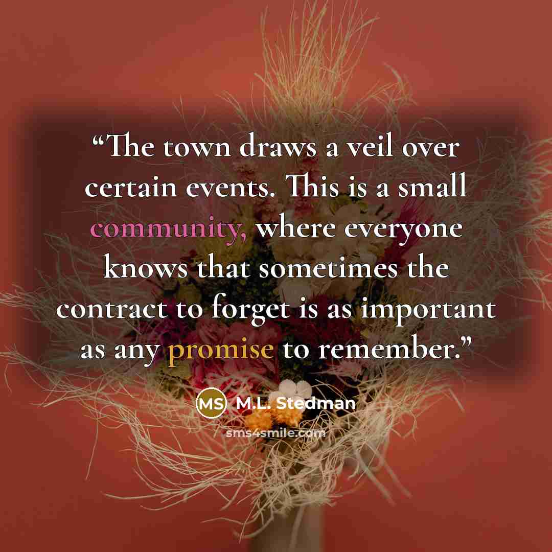 “The town draws a veil over certain events. This is a small community, where everyone knows that sometimes the contract to forget is as important as any promise to remember.” quote by M.L. Stedman
