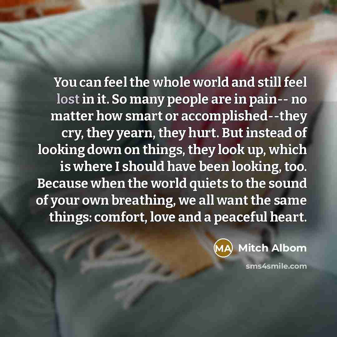 “You can feel the whole world and still feel lost…” quote by Mitch Albom