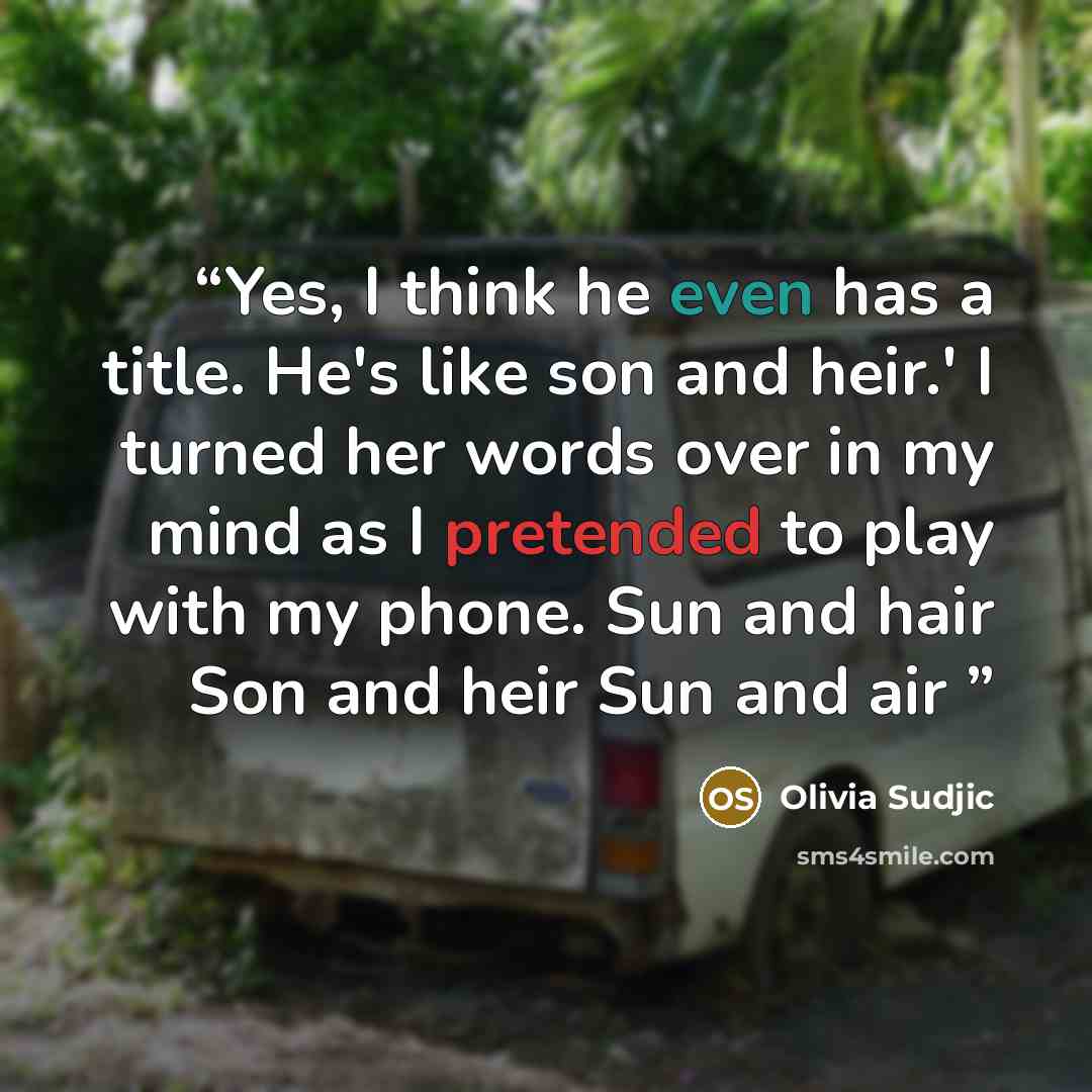 “Yes, I think he even has a title. He's like son and heir.' I turned her words over in my mind as I pretended to play with my phone. Sun and hair Son and heir Sun and air” quote by Olivia Sudjic