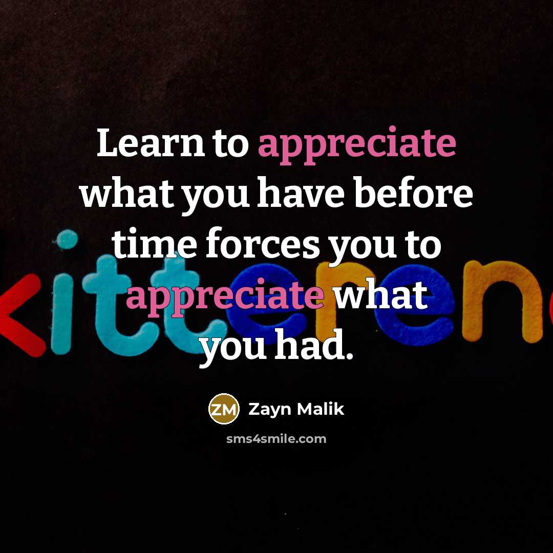 “Learn to appreciate what you have before time forces you…” quote by Zayn Malik