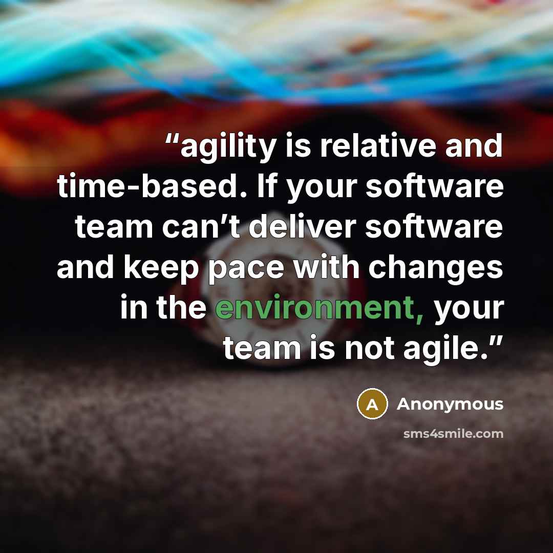 “agility is relative and time-based. If your software team can’t deliver software and keep pace with changes in the environment, your team is not agile.” quote by Anonymous