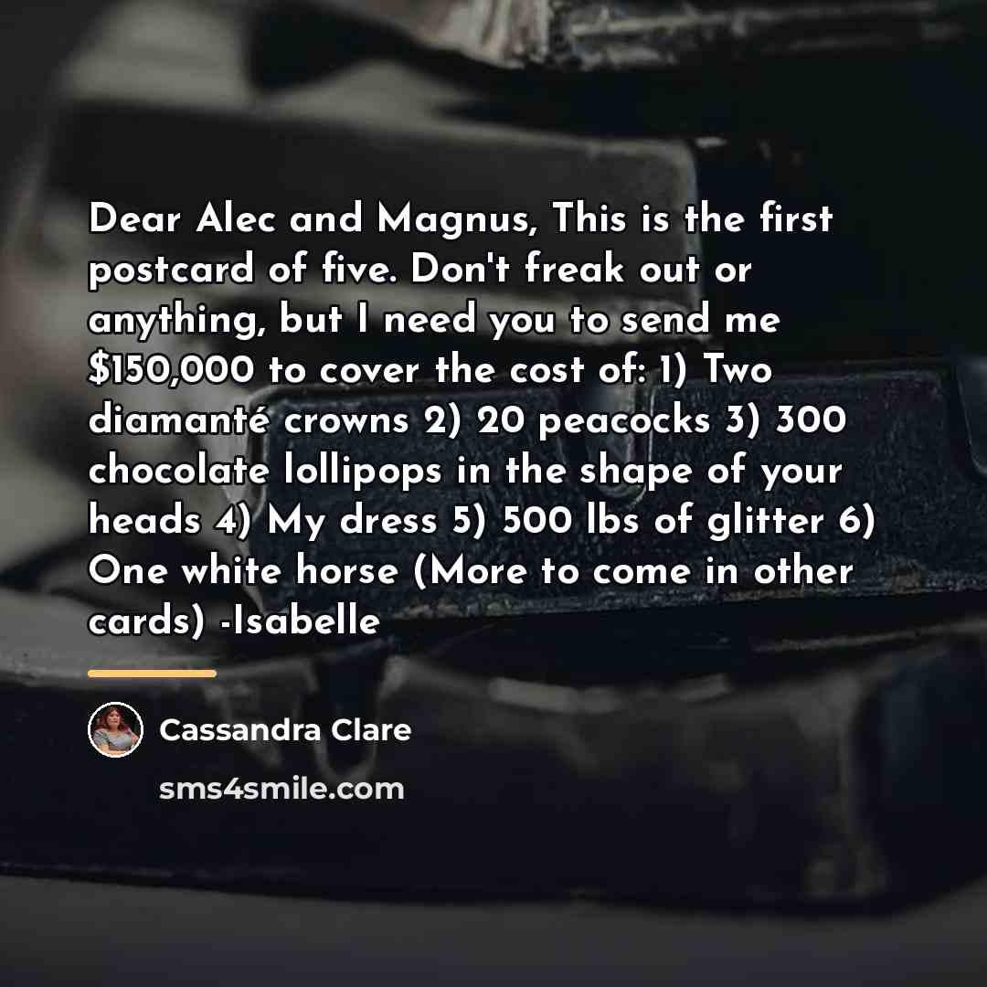 “Dear Alec and Magnus, This is the first postcard of…” quote by Cassandra Clare