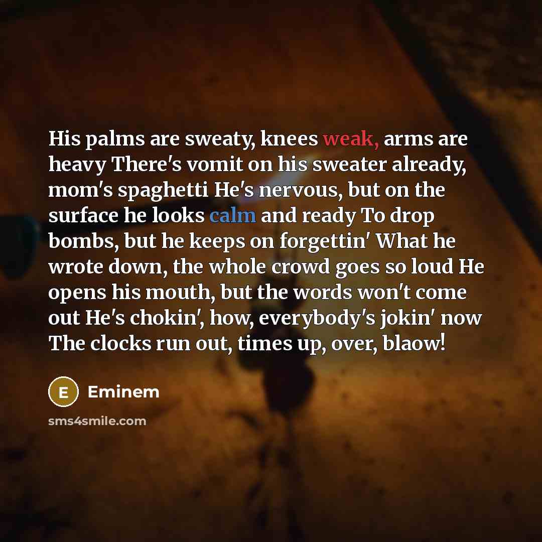 “His palms are sweaty, knees weak, arms are heavy There's…” quote by Eminem