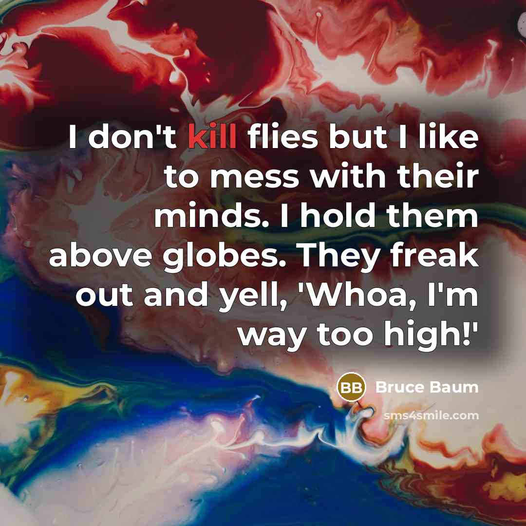 “I don't kill flies but I like to mess with their minds. I hold them above globes. They freak out and yell, 'Whoa, I'm way too high!'” quote by Bruce Baum