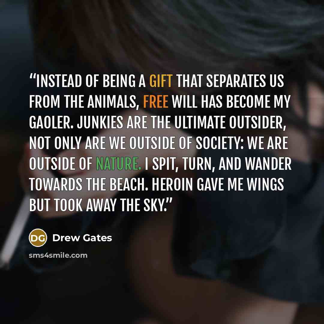“Instead of being a gift that separates us from the animals, free will has become my gaoler. Junkies are the ultimate outsider, not only are we outside of society: we are outside of nature. I spit, turn, and wander towards the beach. Heroin gave me wings but took away the sky.” quote by Drew Gates
