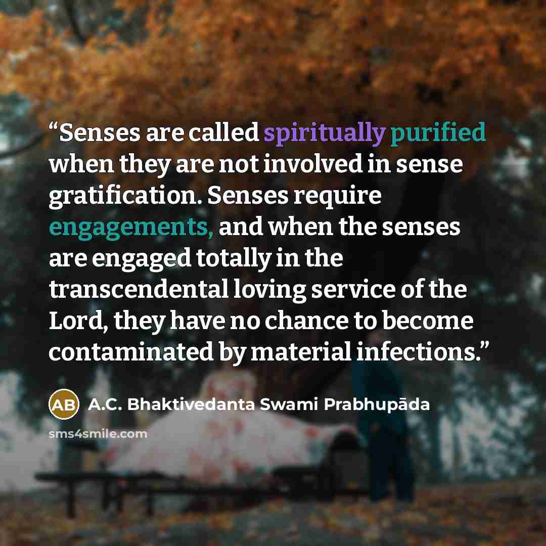 “Senses are called spiritually purified when they are not involved in sense gratification. Senses require engagements, and when the senses are engaged totally in the transcendental loving service of the Lord, they have no chance to become contaminated by material infections.” quote by A.C. Bhaktivedanta Swami Prabhupāda