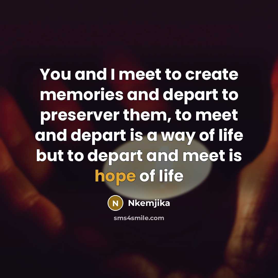 “You and I meet to create memories and depart to preserver them, to meet and depart is a way of life but to depart and meet is hope of life” quote by Nkemjika