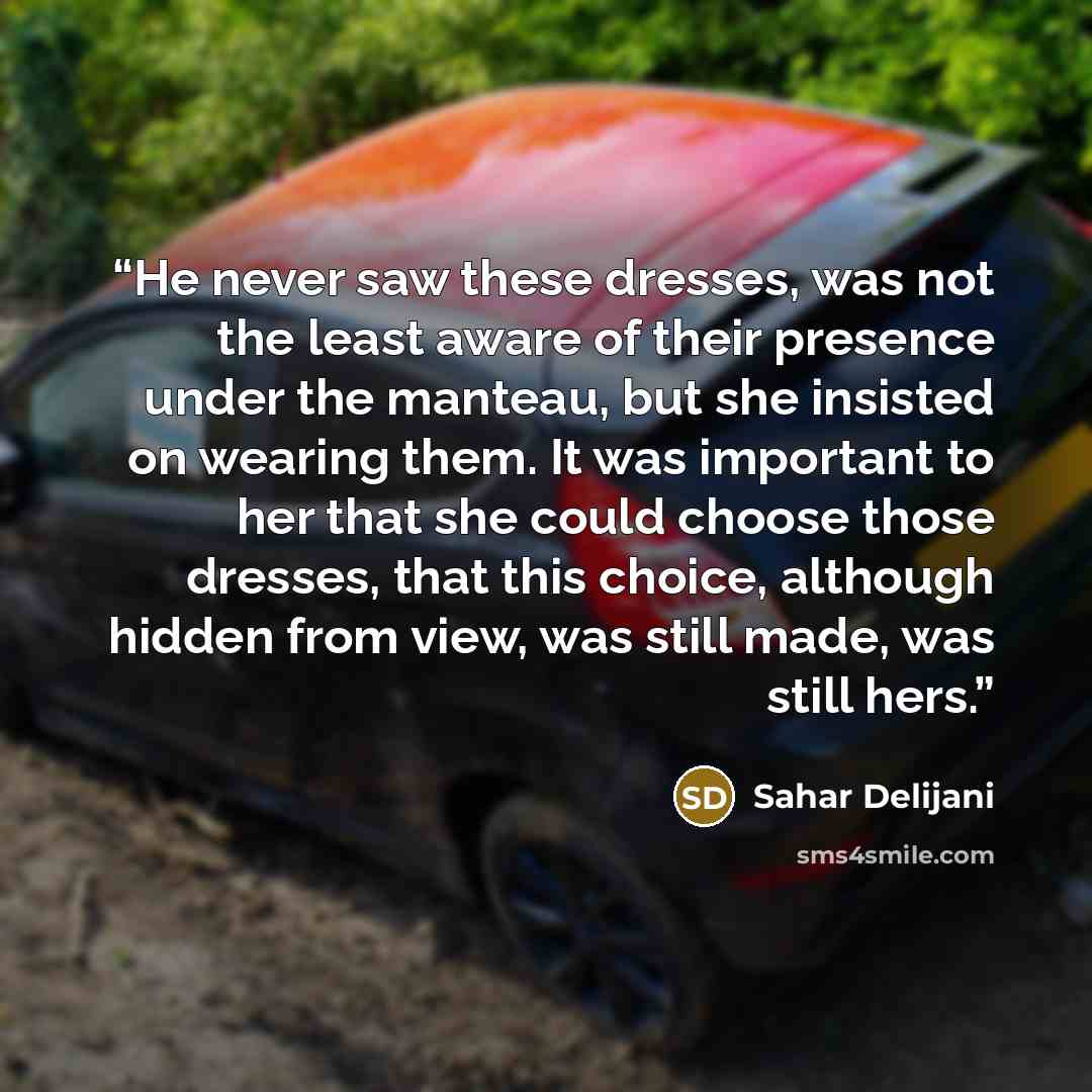 “He never saw these dresses, was not the least aware of their presence under the manteau, but she insisted on wearing them. It was important to her that she could choose those dresses, that this choice, although hidden from view, was still made, was still hers.” quote by Sahar Delijani