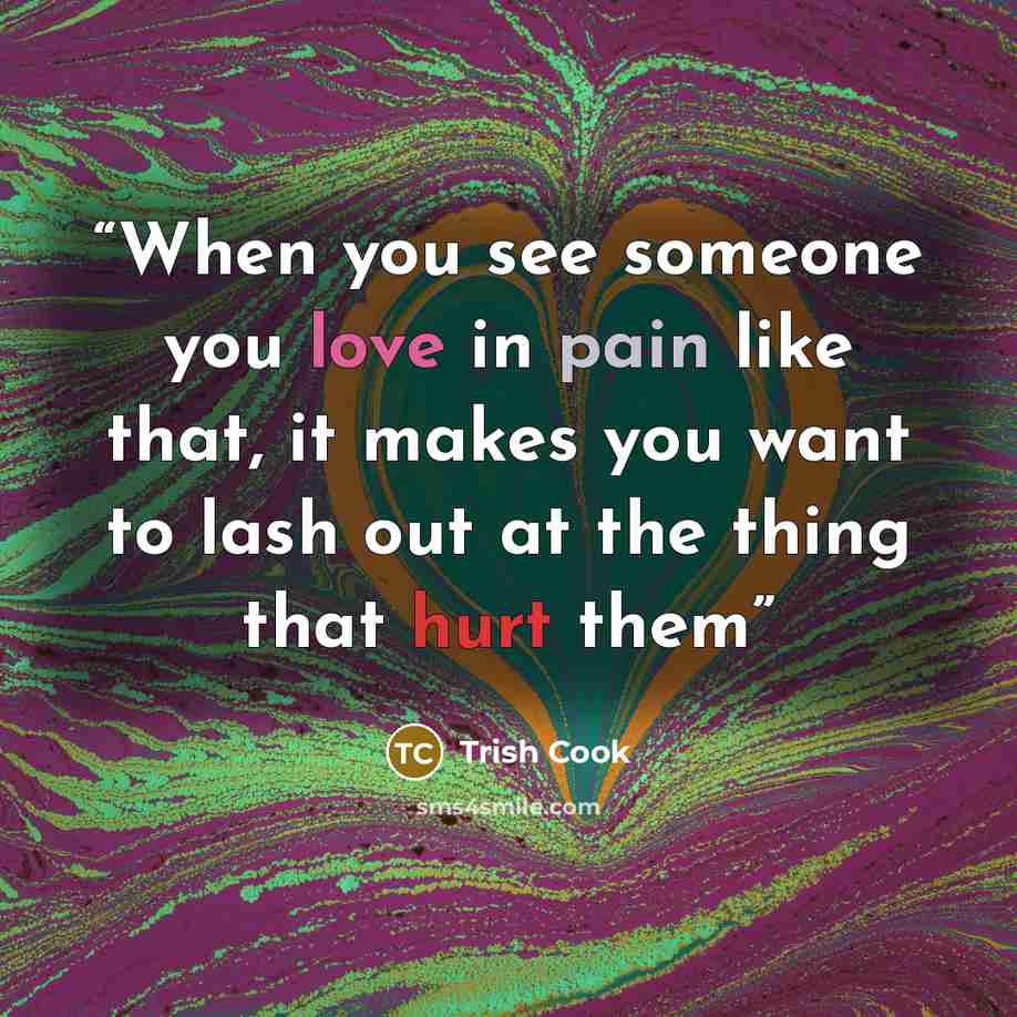 “When you see someone you love in pain like that, it makes you want to lash out at the thing that hurt them” quote by Trish Cook