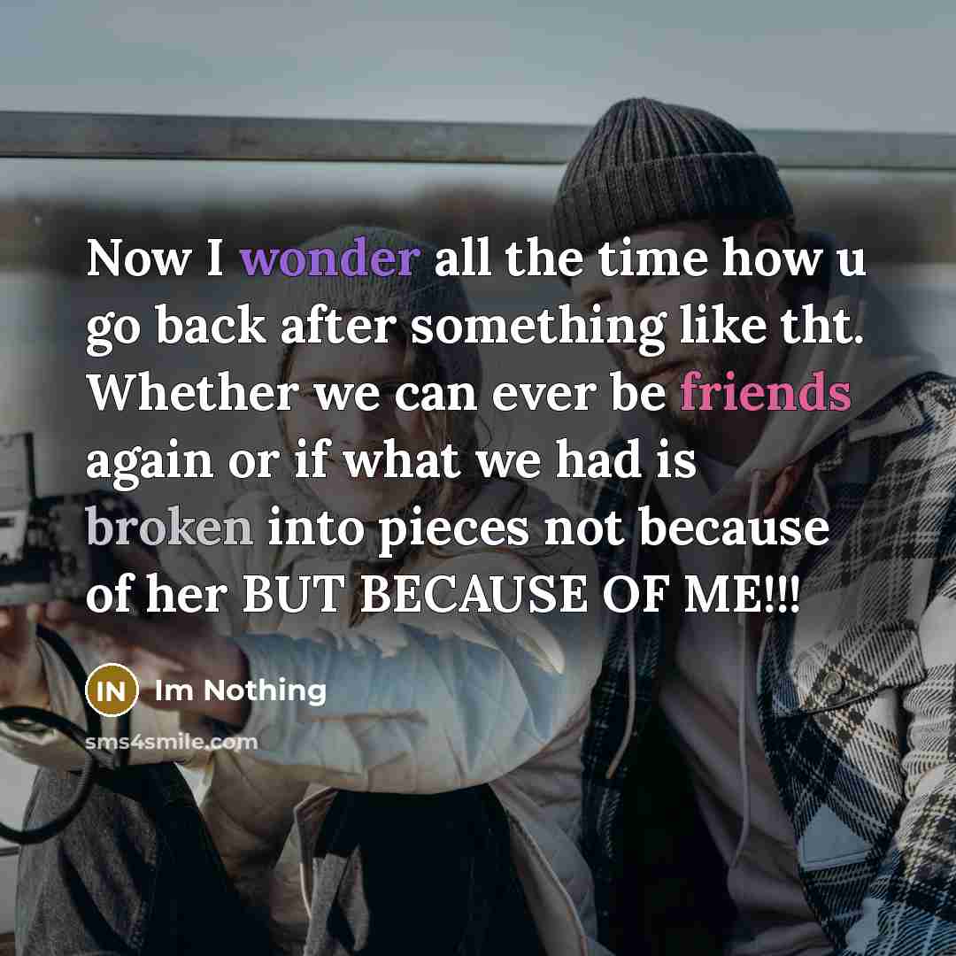 “Now I wonder all the time how u go back after something like tht. Whether we can ever be friends again or if what we had is broken into pieces not because of her BUT BECAUSE OF ME!!!” quote by Im Nothing