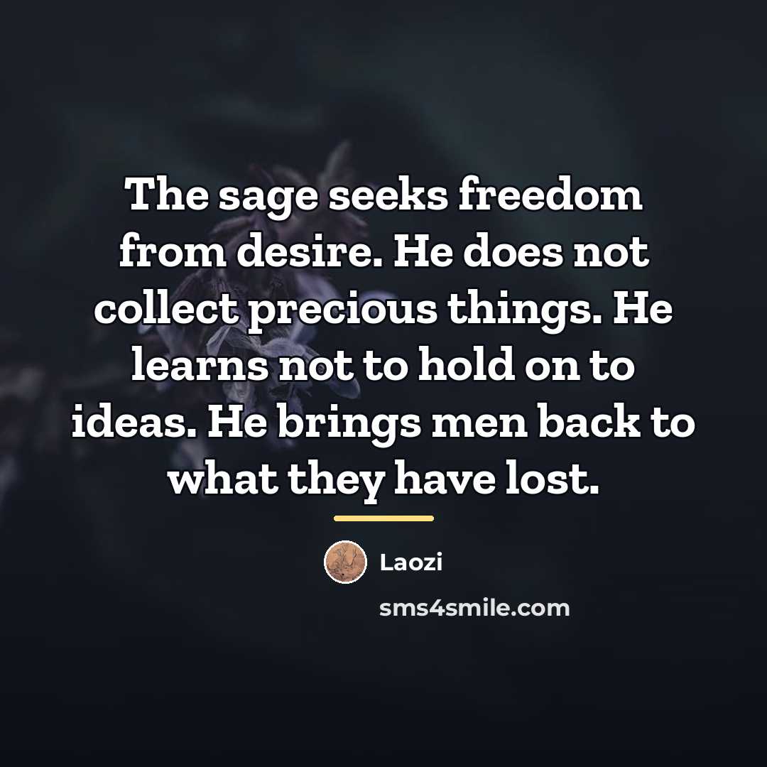 “The sage seeks freedom from desire. He does not collect…” quote by Laozi