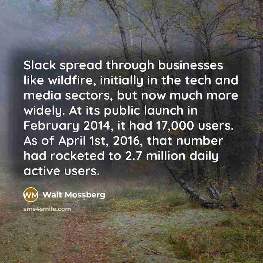 “Slack spread through businesses like wildfire, initially in the tech…” quote by Walt Mossberg