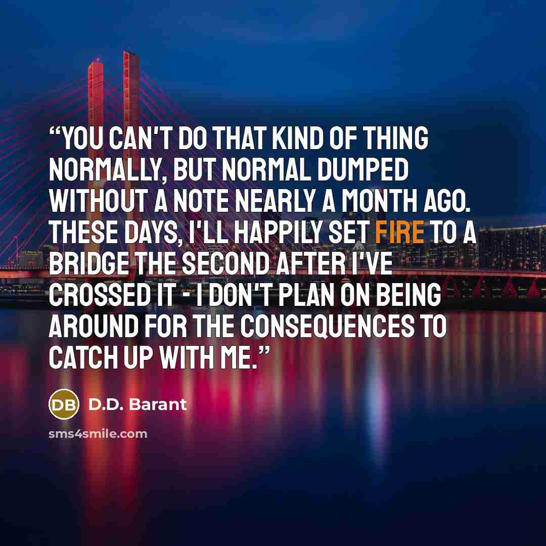 “You can't do that kind of thing normally, but normal dumped without a note nearly a month ago. These days, I'll happily set fire to a bridge the second after I've crossed it - I don't plan on being around for the consequences to catch up with me.” quote by D.D. Barant